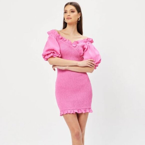 NWT Elliatt Guana Pink Smocked Puff Sleeve Ruffle Mini Dress - Picture 1 of 11